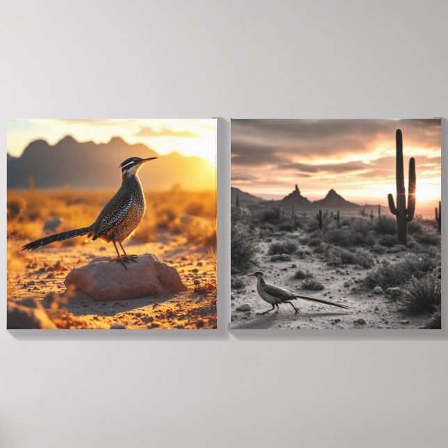Sunrise Desert Arizona Roadrunner Wall Art Canvas Photo Tile (Front Set)