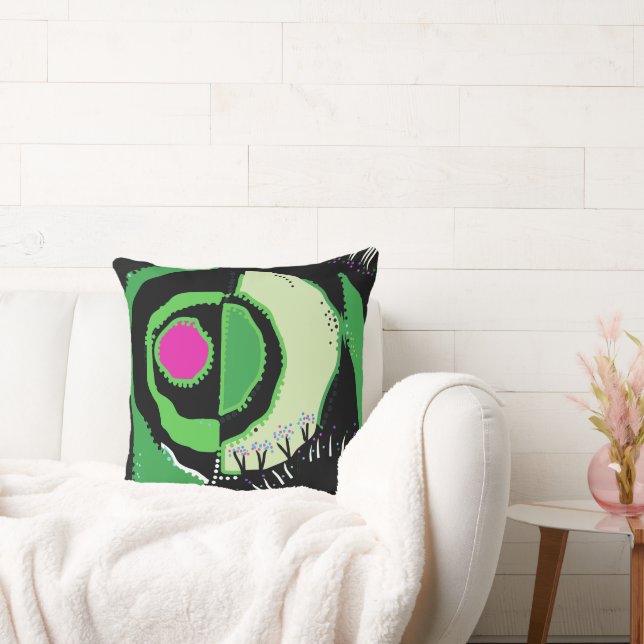 Sunrise Ethnic Circle - Green Black Pink Throw Pillow (Couch)