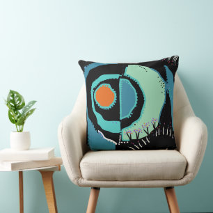 Sunrise Ethnic Circle - Teal Black Orange Throw Pillow