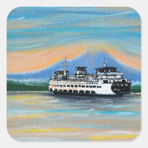 Sunrise Ferry Painting Square Sticker