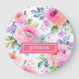 Sunrise Floral Boho Custom Name Design Large Clock