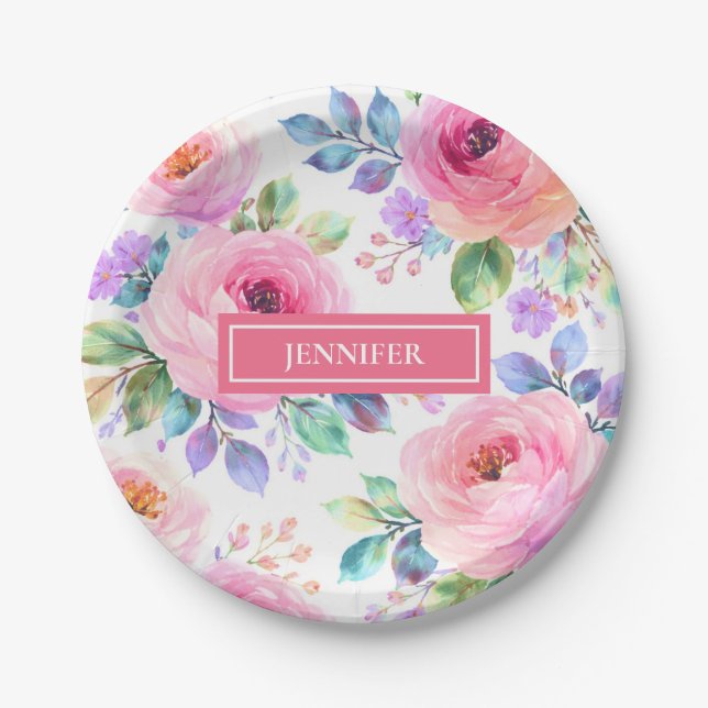 Sunrise Floral Boho Custom Name Design             Paper Plates (Front)