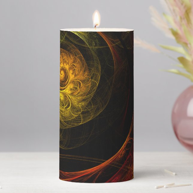 Sunrise Floral Red Abstract Art Pillar Candle (In Situ)