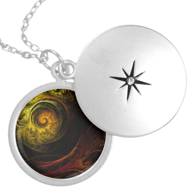 Sunrise Floral Red Abstract Silver Locket Necklace (Front)