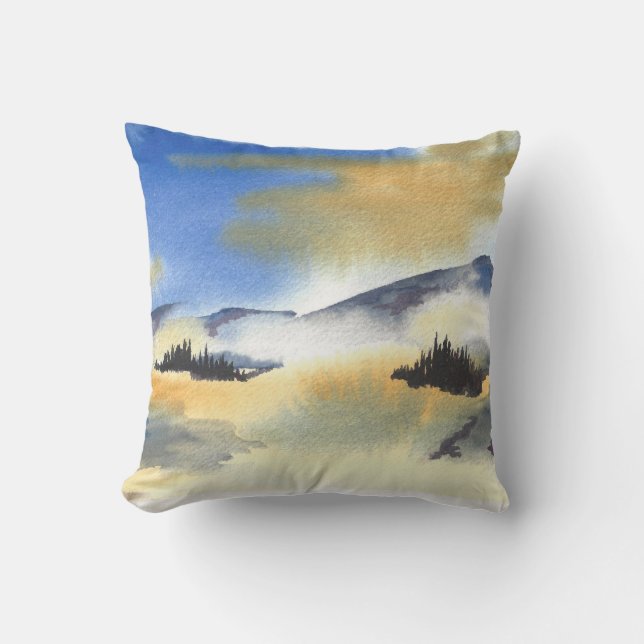Sunrise in blue and yellow landscape. Watercolor Throw Pillow (Front)