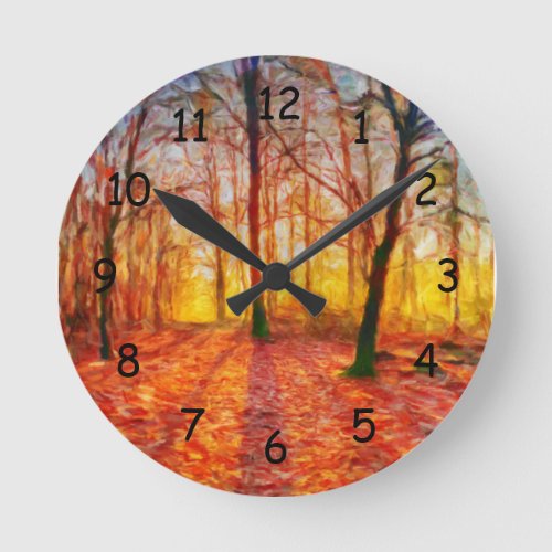 Sunrise In The Autumn Forest Round Clock