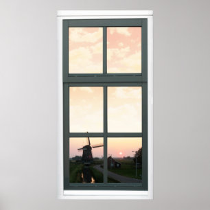 Sunrise Landscape Windmill Faux Window View Poster