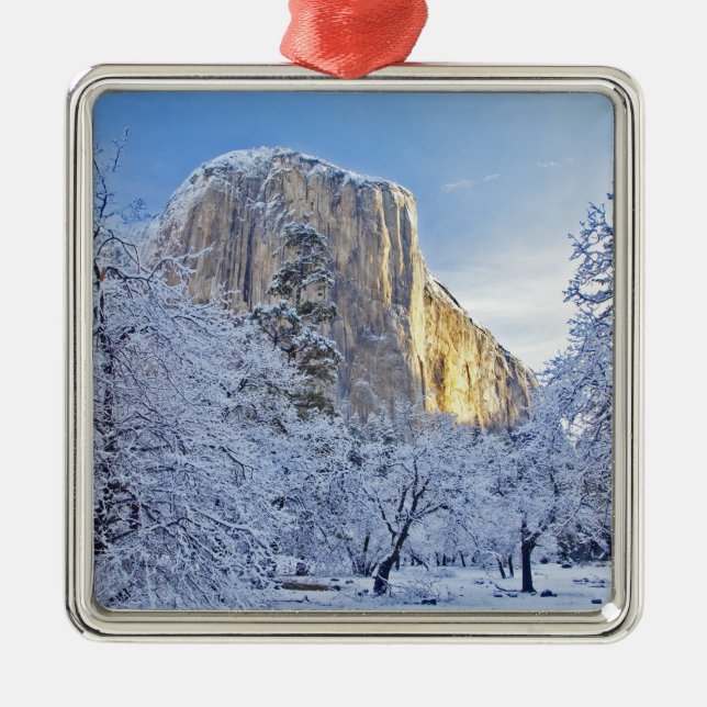 Sunrise light hits El Capitan through snowy Metal Ornament (Front)