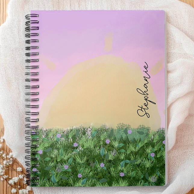Sunrise Meadow Personalized – Custom Pastel Nature Notebook (Start your day with inspiration using this serene personalized notebook featuring a naive sunset)