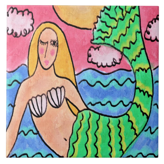 Sunrise Mermaid Abstract Digital Painting Ceramic Tile (Front)