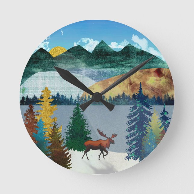 Sunrise Moose Round Clock (Front)