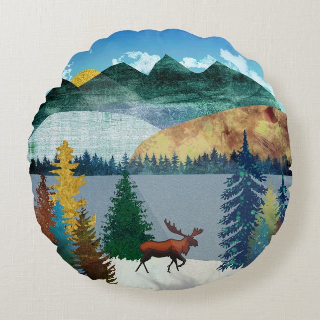 Sunrise Moose Round Pillow (Front)