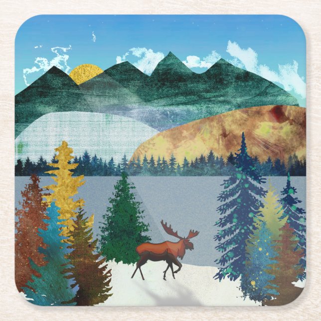 Sunrise Moose Square Paper Coaster (Front)
