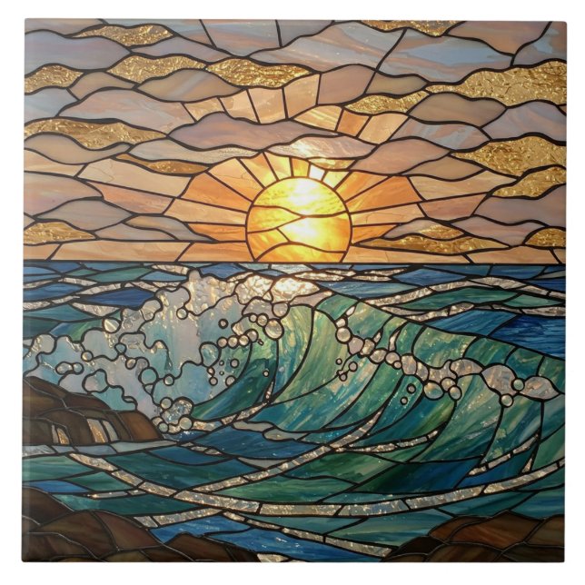 Sunrise Ocean Waves Stained Glass Illusion Ceramic Tile (Front)