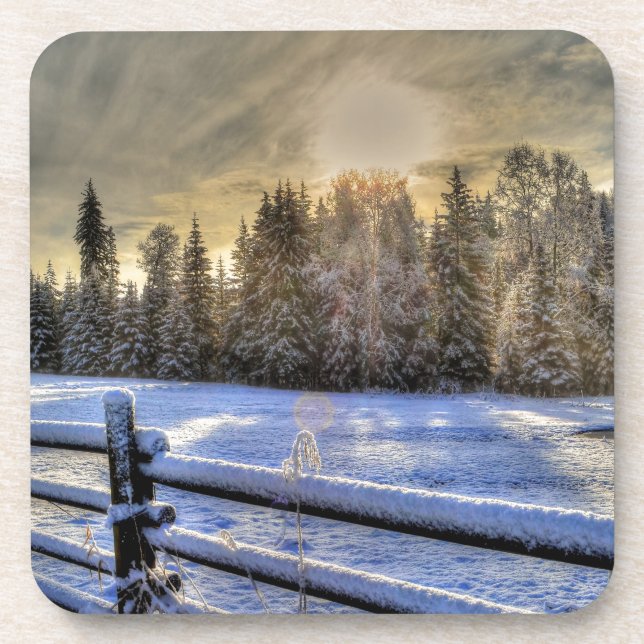 Sunrise on a Winter Pasture in Snow Drink Coaster (Front)