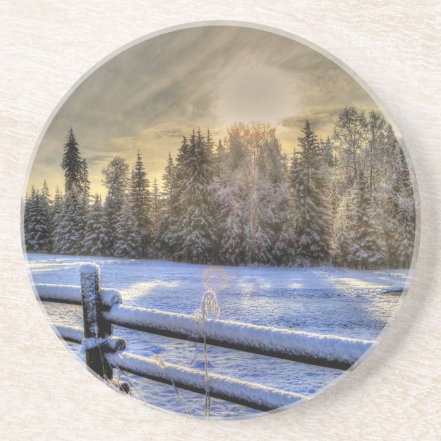 Sunrise on a Winter Pasture in Snow Sandstone Coaster (Front)