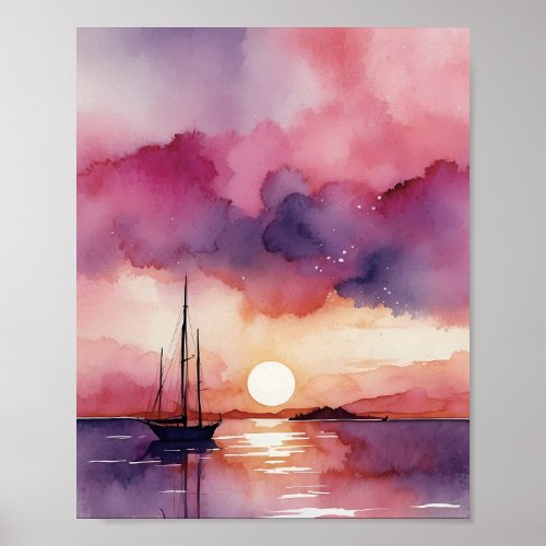 Sunrise on Sailboat in Pink Watercolor Art Print