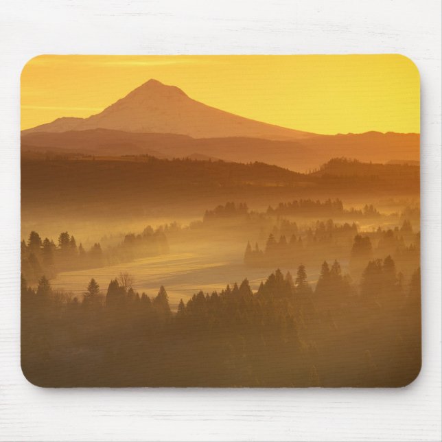 Sunrise orange colors the fog in the valley in mouse pad (Front)