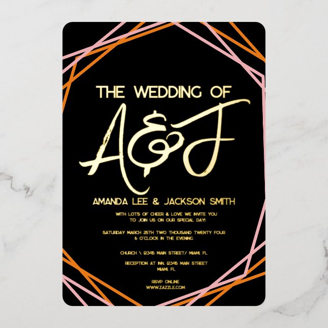 Sunrise Orange Pink Bright Wedding  Foil Invitation (Front)