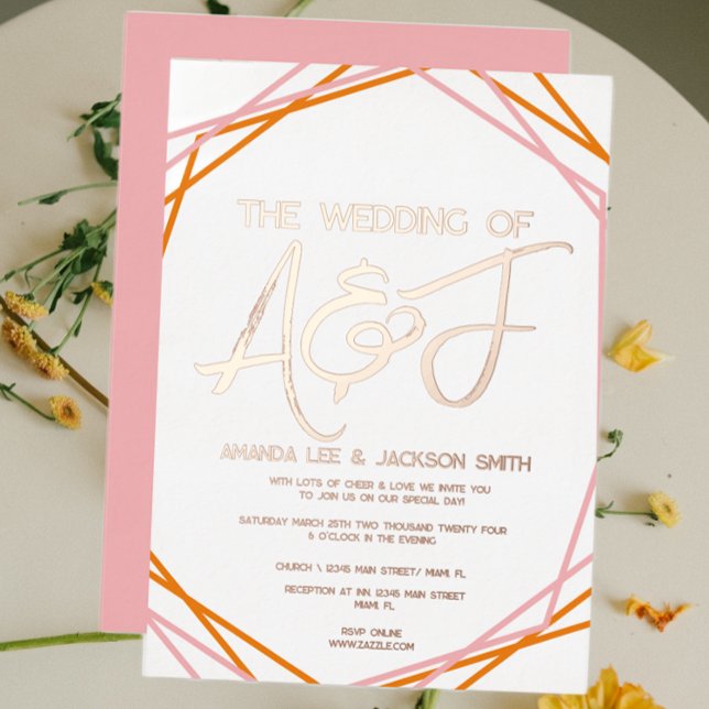 Sunrise Orange Pink Bright Wedding  Rose Gold Foil Invitation (Creator Uploaded)