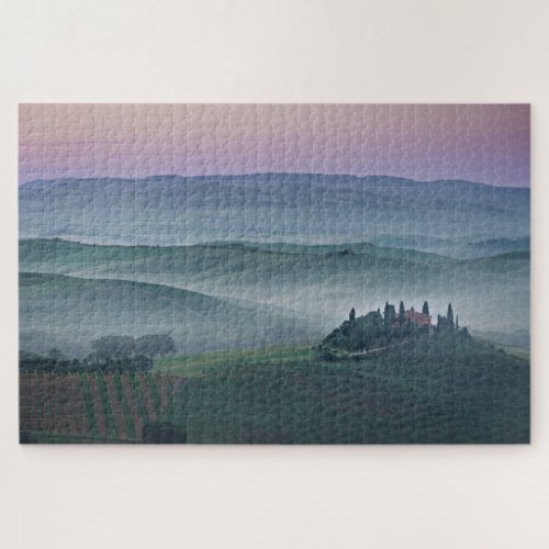 Sunrise over a foggy Tuscany landscape with house Jigsaw Puzzle