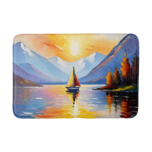 Sunrise over a lake and snow capped mountains bath mat