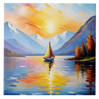 Sunrise over a lake and snow capped mountains  ceramic tile