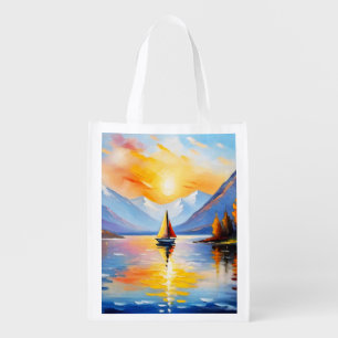 Sunrise over a lake and snow capped mountains grocery bag