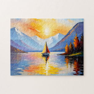 Sunrise over a lake and snow capped mountains jigsaw puzzle
