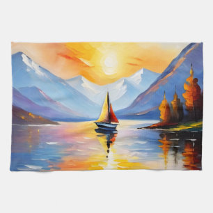 Sunrise over a lake and snow capped mountains  kitchen towel