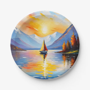 Sunrise over a lake and snow capped mountains paper plates