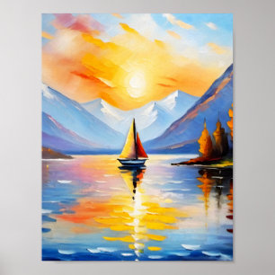 Sunrise over a lake and snow capped mountains poster
