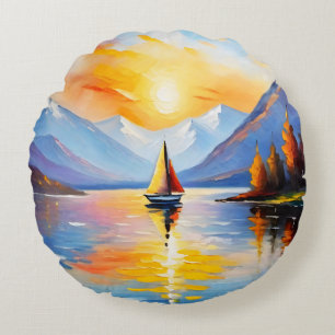 Sunrise over a lake and snow capped mountains round pillow