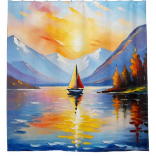 Sunrise over a lake and snow capped mountains shower curtain