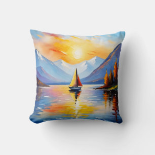 Sunrise over a lake and snow capped mountains throw pillow