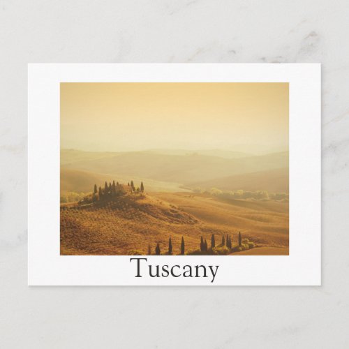 Sunrise over a landscape in Tuscany white postcard