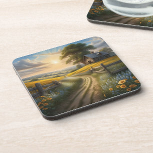 Sunrise over a view of rural hills beverage coaster