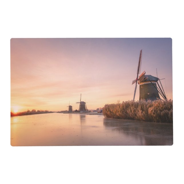 Sunrise over frozen river with windmills and reeds placemat (Back)