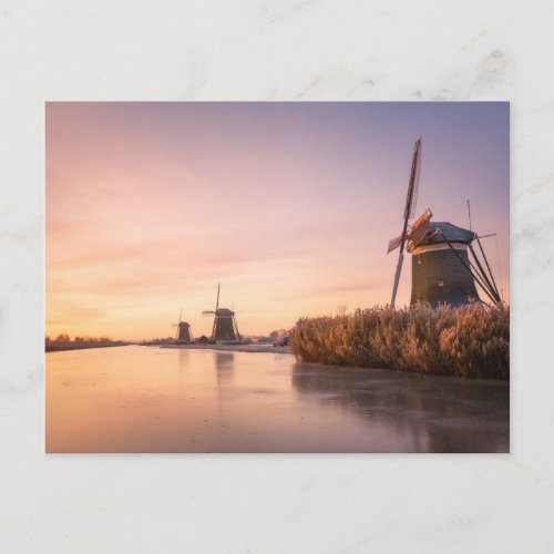 Sunrise over frozen river with windmills and reeds postcard