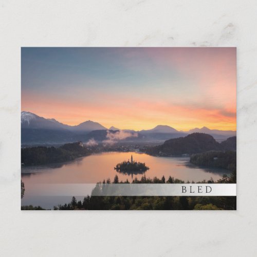 Sunrise over Lake Bled bar postcard
