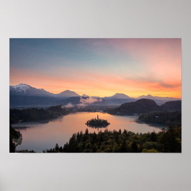 Sunrise over Lake Bled poster print (Front)