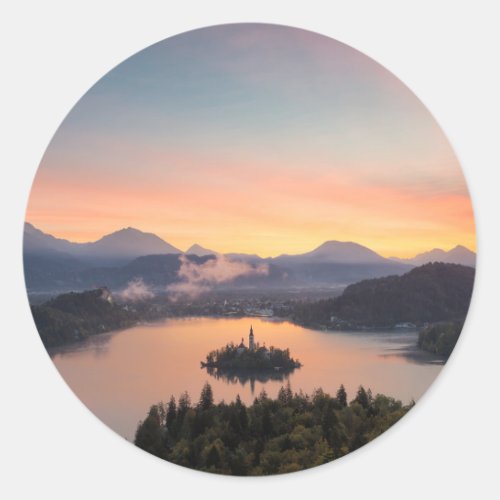 Sunrise over Lake Bled round sticker