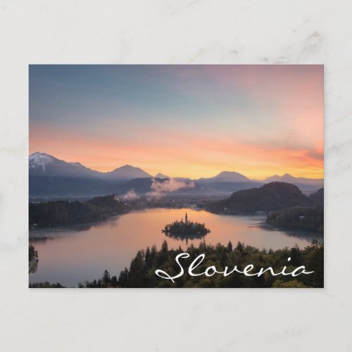 Sunrise over Lake Bled Slovenia text postcard