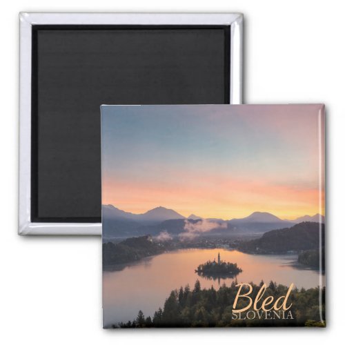 Sunrise over Lake Bled text magnet