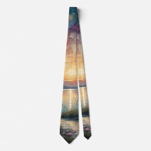 Sunrise over Lake Reflection colorful sky Neck Tie