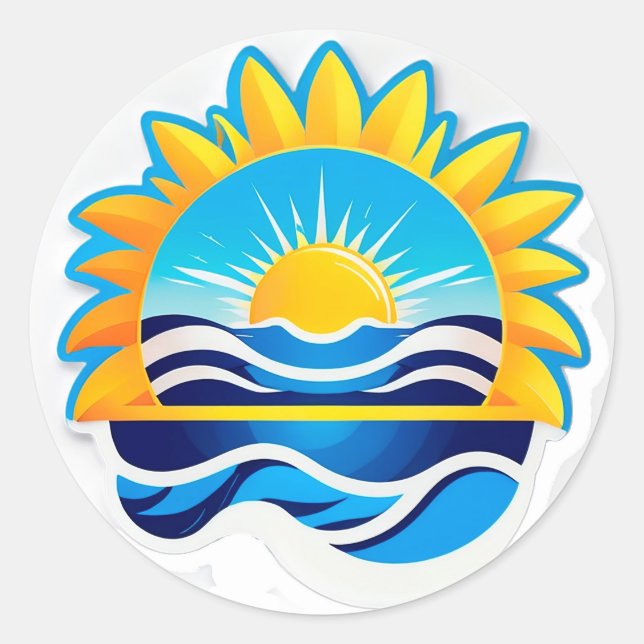 Sunrise Over Ocean Waves Emblem Classic Round Sticker (Front)