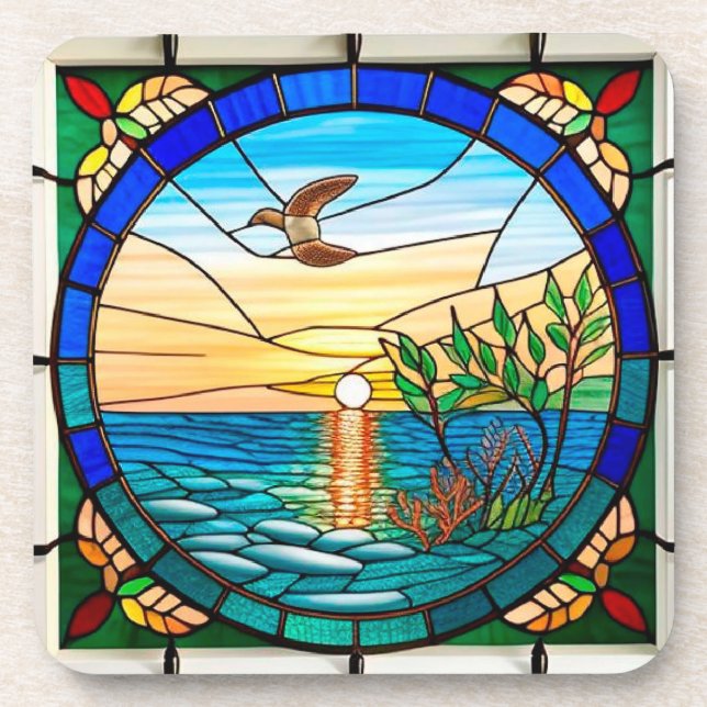 Sunrise Over Ocean with Flying Bird Beverage Coaster (Front)