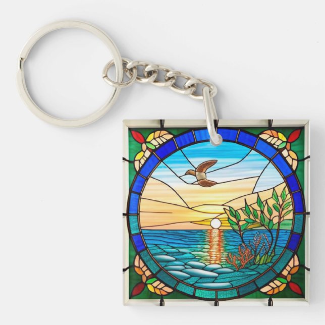 Sunrise Over Ocean with Flying Bird Keychain (Front)