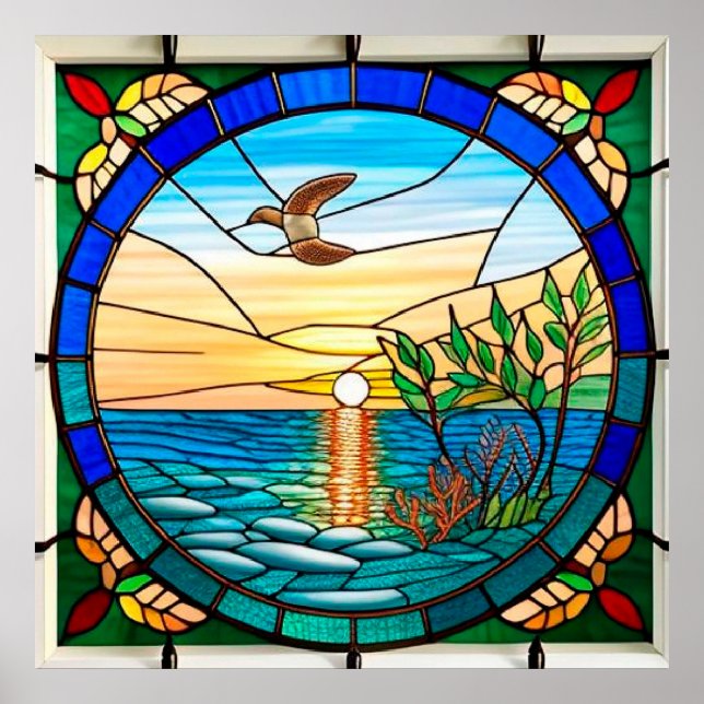 Sunrise Over Ocean with Flying Bird Poster (Front)