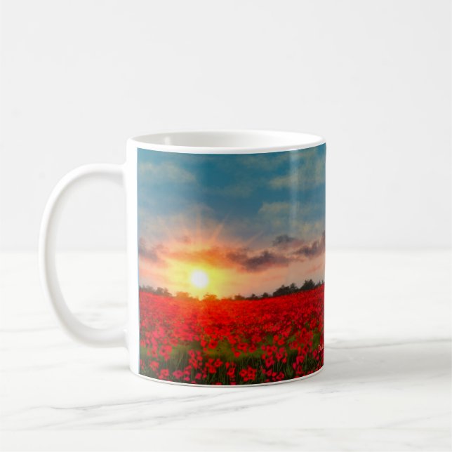 Sunrise over Poppy Field Uplifting Verse JW Coffee Mug (Left)